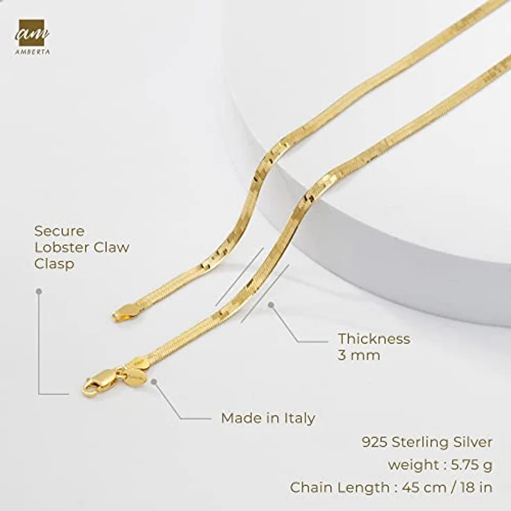 Amberta Damen Flache Schlangen Halskette, 925 Sterling Silber 18K Vergoldet, 3 mm, 45 cm – Bild 5