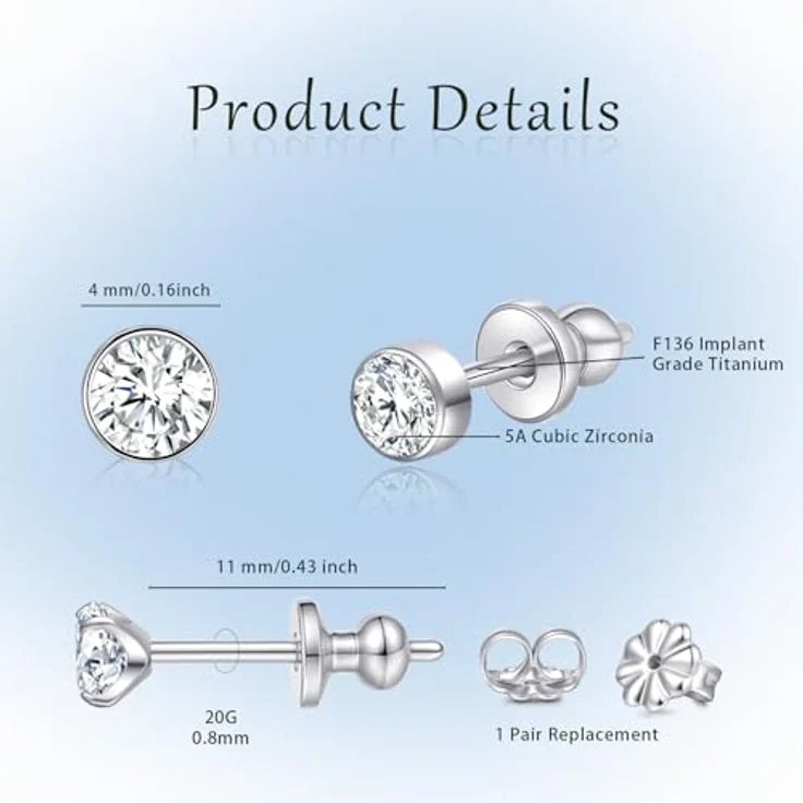 Limerencia G23 Reintitan Paar, hypoallergene Ohrringe mit 4mm kubischen Zirkonia und Schmetterling Verschluss, leicht und zeitlos für Damen und Mädchen – Bild 3