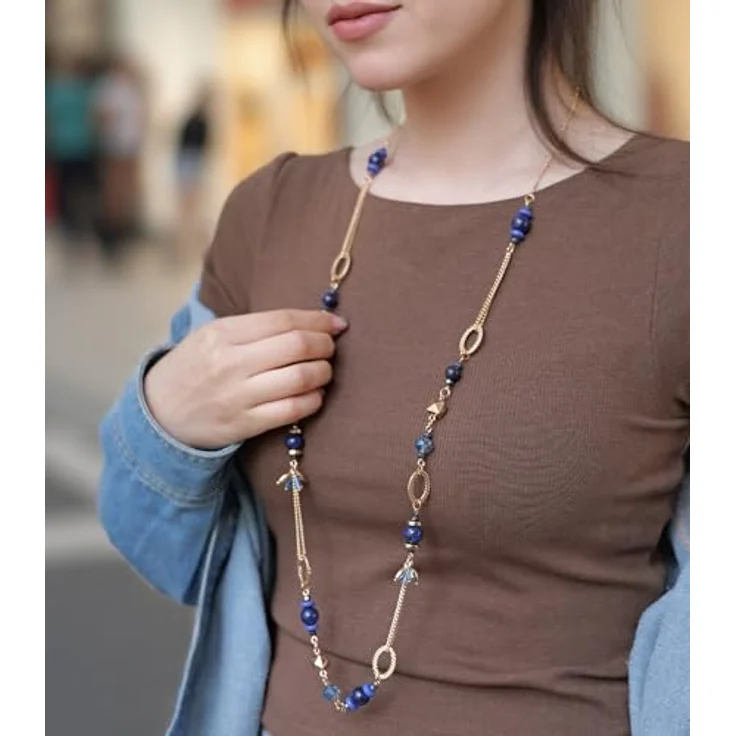 Dazylleco Lange Gold Perlenkette Damen Boho Halskette mit Natursteinen, 90cm, Dunkelblau – Bild 3