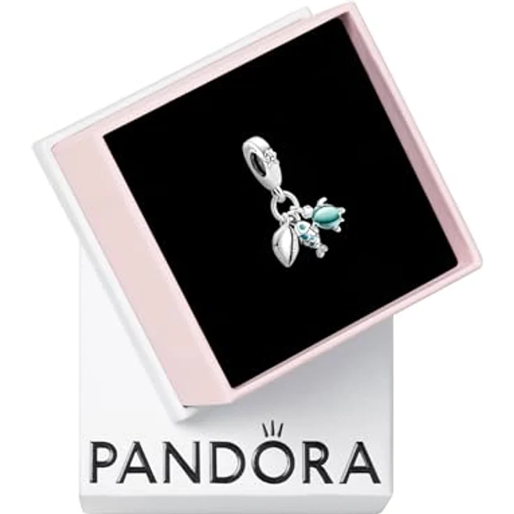 PANDORA Moments Dreifacher Charm-Anhänger, Fisch, Meeresschildkröte & Muschel aus Sterling-Silber mit türkisfarbenen Emaille-Details und Murano-Glas, kompatibel mit Moments Armbändern – Bild 1