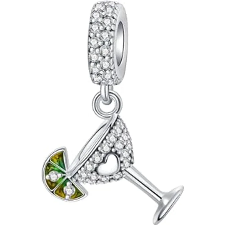 BIZK Sektglas & Zitronenscheibe Charm-Anhänger, 925 Sterling Silber Bead Pendant für Europäische Armbänder und Halsketten, mit Samtbeutel Geschenkverpackung