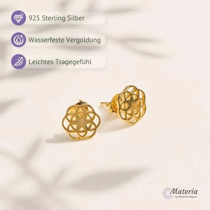 Materia Blumen Ohrringe Gold Stecker, Lebensblume vergoldet aus 925 Sterling Silber, flach und leicht, HOCHWERTIGE Geschenkidee für Damen – Bild 3