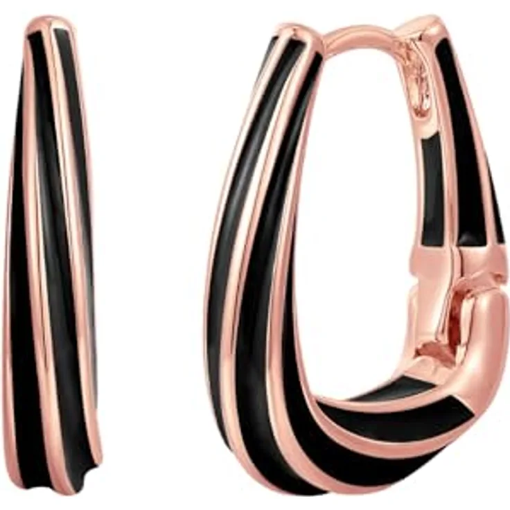 Yokoamii Damen Creolen, rosévergoldete Messingohrringe mit schwarzer Emaille, 22,5 mm Klappverschluss