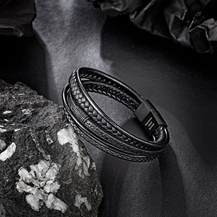 Speroto Lederarmband Herren, geflochtenes Armband aus Rindsleder und Edelstahl, schwarz, 23 cm – Bild 2
