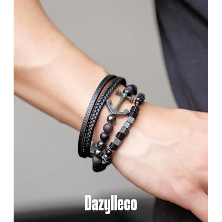 Dazylleco 3 Stück Herren-Perlenarmband Set, Naturstein Armband aus Tigerauge, Vulkanstein und Achat, Schwarz Edelstahl und Leder, verstellbar, ideales Herren Geschenk für Vatertag – Bild 4