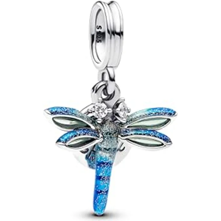 PANDORA Moments Libelle Doppelter Charm-Anhänger aus Sterling Silber mit Zirkonia und transparenter Emaille, kompatibel mit Moments und ME Armbändern, 793745C01
