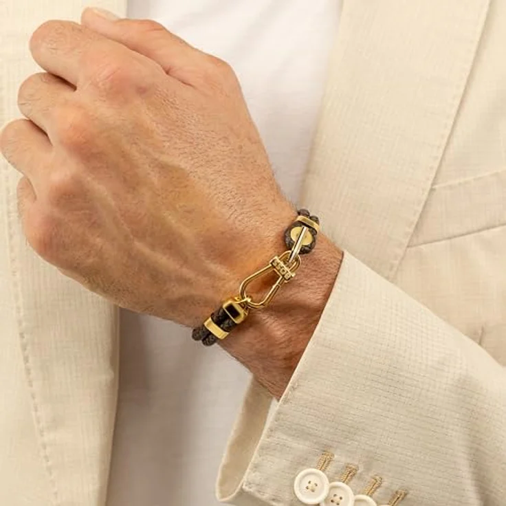 BOSS Jewelry Armband ARES PRIME, Herren-Armband aus braunem geflochtenem Leder mit goldfarbenem Edelstahlkarabiner, 190 mm Umfang – Bild 3