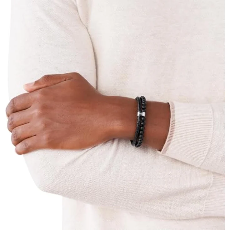 Fossil JF02763040, Herren-Armband aus Leder und Edelstahl, schwarz-silber, Innenlänge 180 mm + 15 mm, umklappbarer Verschluss – Bild 2