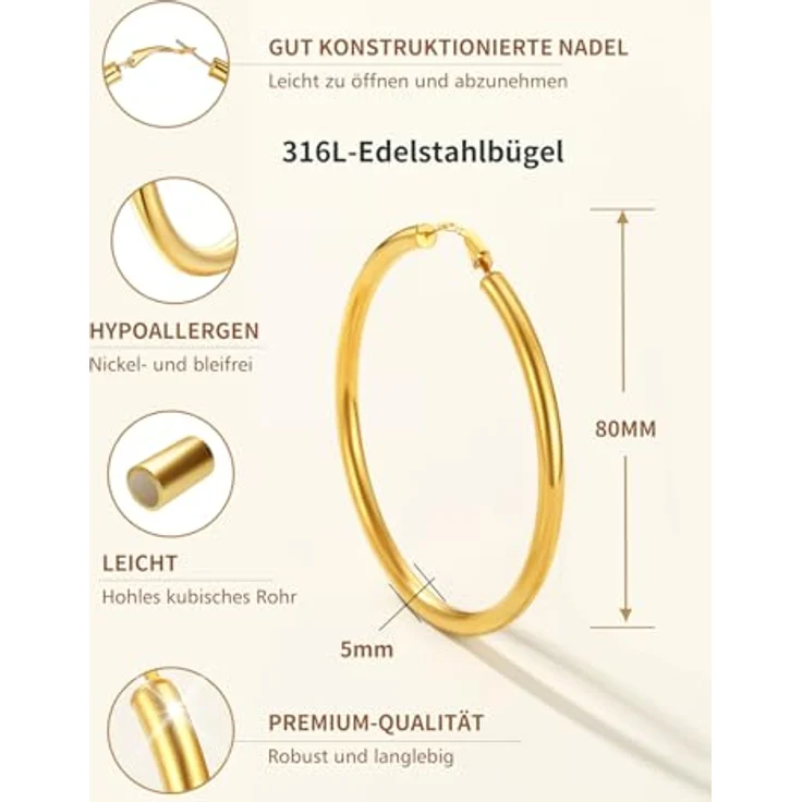 FindChic Creolen Gold 80mm, chunky Damenohrringe aus vergoldetem Edelstahl, Huggie Hoop Design, allergiefrei, für Helix Piercing, ideales Geschenk für Geburtstag und Weihnachten – Bild 2