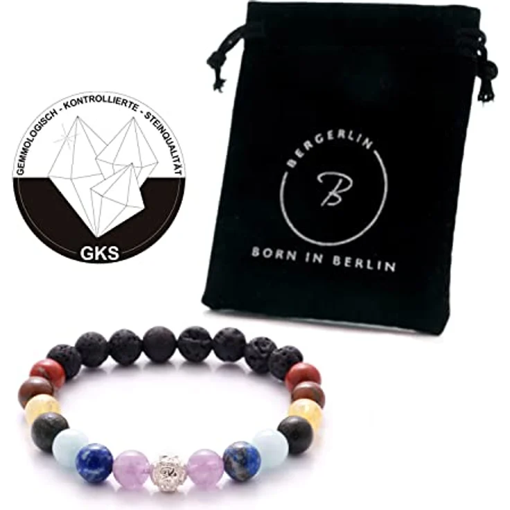 BERGERLIN 7 Chakren Armband, echtes Naturstein Armband mit 8mm Lavastein und 925 Silberperle, Größe M-L – Bild 2