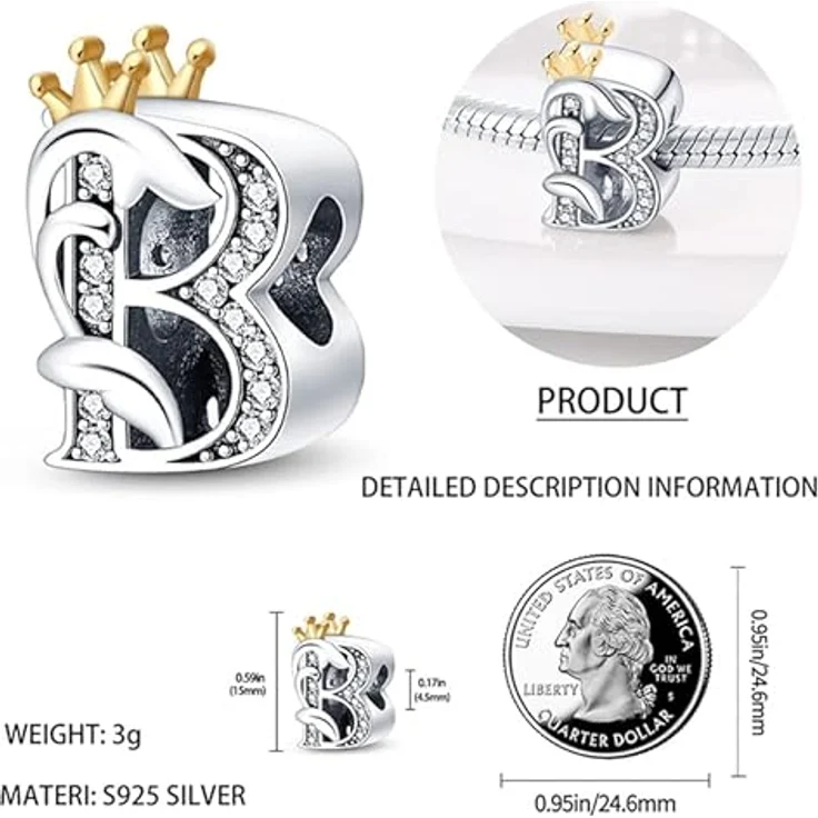 TINSLO Charm Anhänger Buchstabe B, 925 Sterling Silber mit Zirkonia, kompatibel mit Pandora Armbändern und Halsketten für Frauen und Mädchen – Bild 4