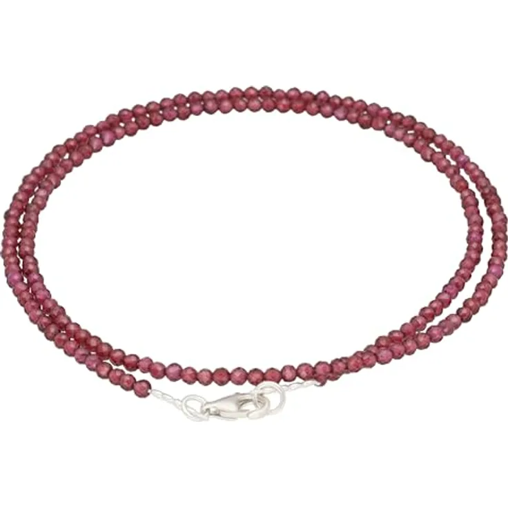 Lebensquelle Plus Edelstein Kette, 2 mm facettiert mit 925 Silberverschluss, handgefertigt, elegant, Granat, 45 cm