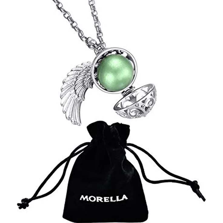Morella Damen Schutzengel Halskette Edelstahl 70 cm mit Anhänger Engelsflügel und wechselbarer Klangkugel hellgrün Ø 16 mm in Schmuckbeutel – Bild 3
