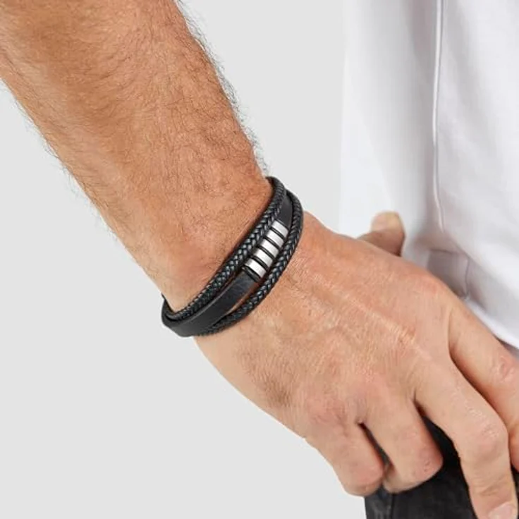 s.Oliver Herren Bracelet, Armband aus Echtleder in Schwarz, verstellbar bis 22 cm, wasserfest & hautfreundlich – Bild 3