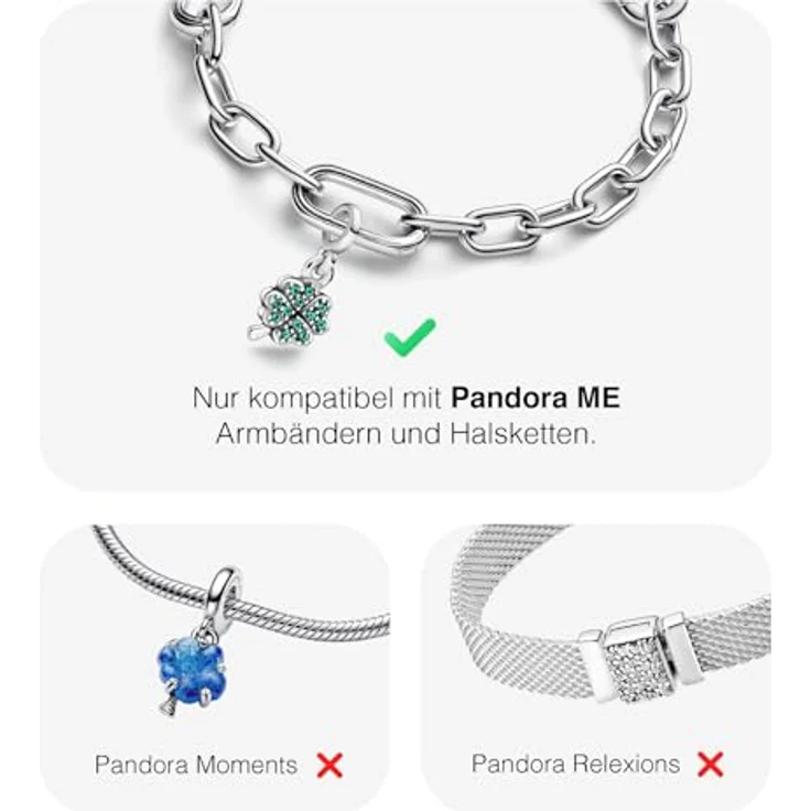 PANDORA Me Charm-Anhänger, vierblättriges Kleeblatt aus Sterling-Silber mit grünen Pavé-Schmucksteinen, 2,6 x 7,6 x 6,2 mm, kompatibel mit Me Kollektion – Bild 4