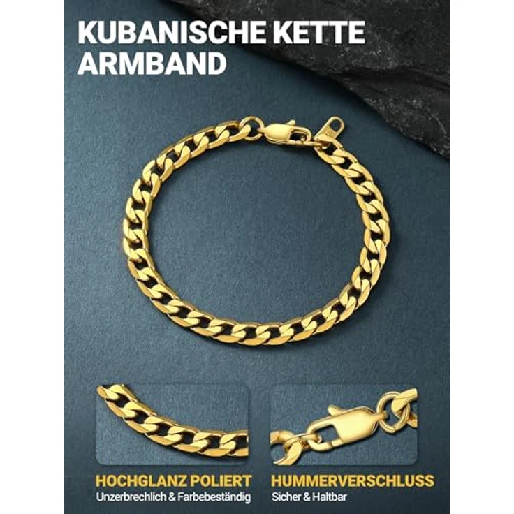 PROSTEEL Panzerarmband Herren aus 316L Edelstahl, 21 cm lang, 6 mm breit, in Gold, wasserdicht und klassisches Miami Design – Bild 3