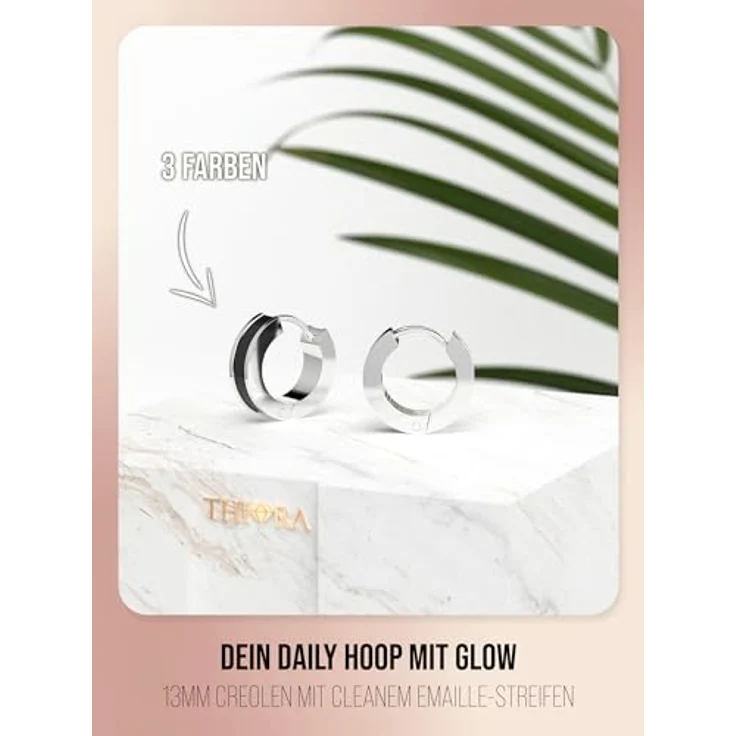 THIORA Creolen Ohrringe Damen, Edelstahl mit Emaille in Silber und Schwarz, 13 mm, wasserfest und nickelrei – Bild 2