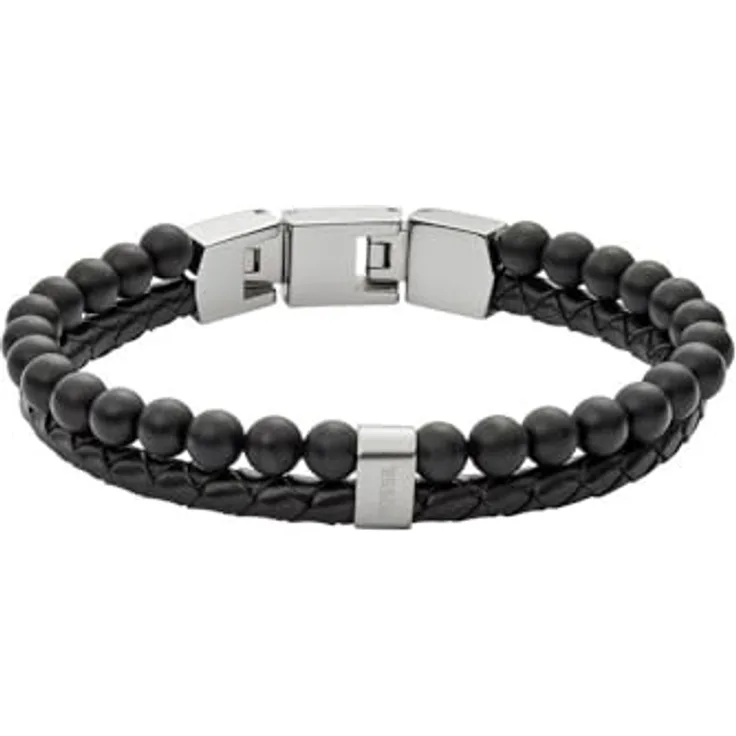 Fossil JF02763040, Herren-Armband aus Leder und Edelstahl, schwarz-silber, Innenlänge 180 mm + 15 mm, umklappbarer Verschluss