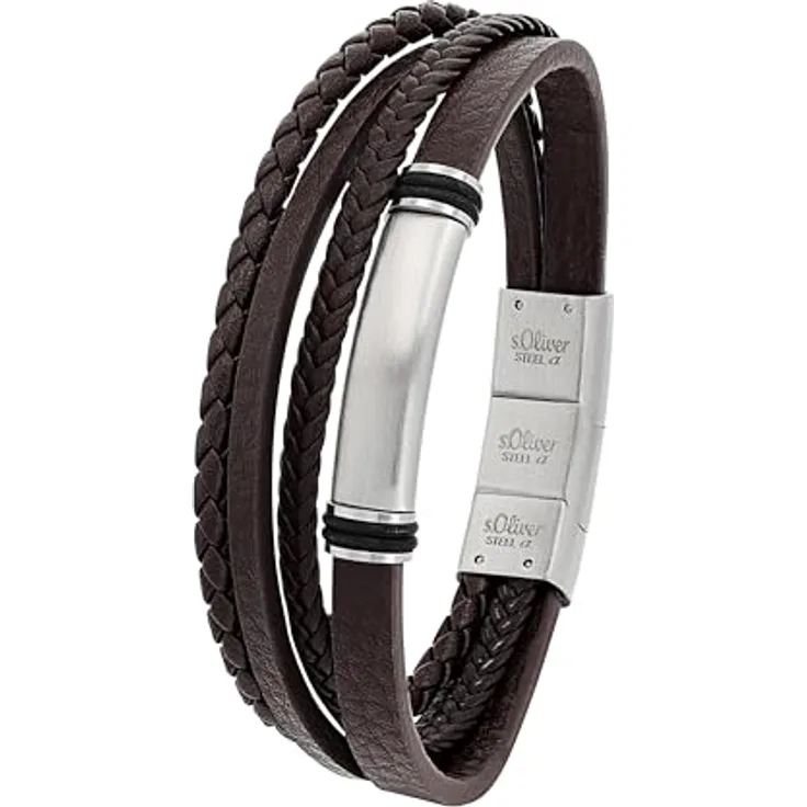 s.Oliver Herren Armband, Gravierbar aus Leder und Edelstahl, Mehrreihig, Braun, Länge: 20-21,5 cm