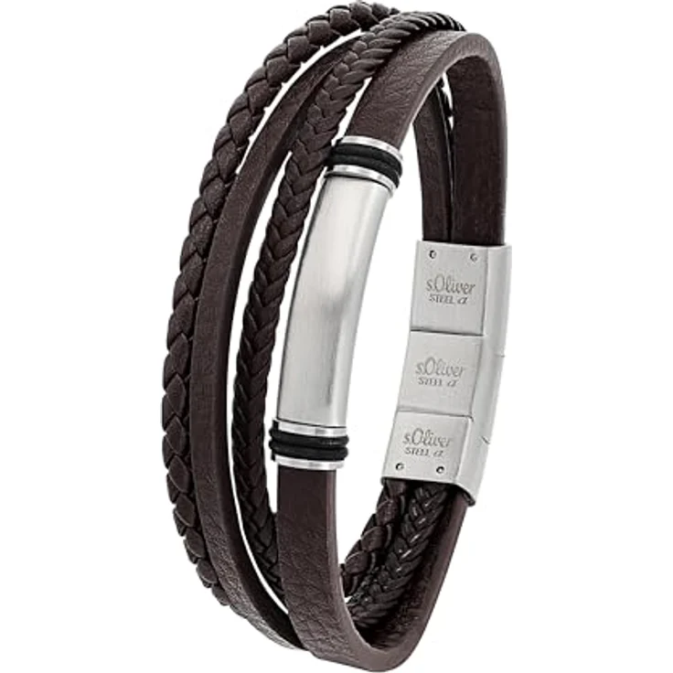 s.Oliver Herren Armband, Gravierbar aus Leder und Edelstahl, Mehrreihig, Braun, Länge: 20-21,5 cm – Bild 1