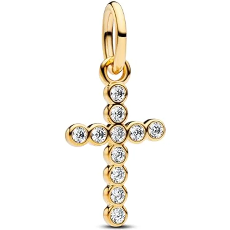 PANDORA Moments Kreuz Charm-Anhänger aus Sterling Silber mit 14k vergoldeter Metalllegierung und Zirkonia, kompatibel mit ME und Moments