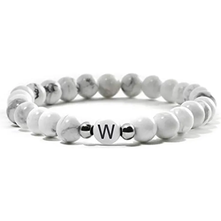 BERGERLIN Buchstaben Armband Weiss, Partner Armband aus echtem Magnesit, elastisch für Handgelenksumfang 16-20 cm, Buchstabe W