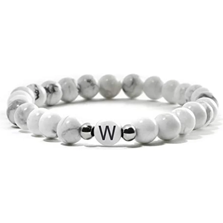 BERGERLIN Buchstaben Armband Weiss, Partner Armband aus echtem Magnesit, elastisch für Handgelenksumfang 16-20 cm, Buchstabe W – Bild 1
