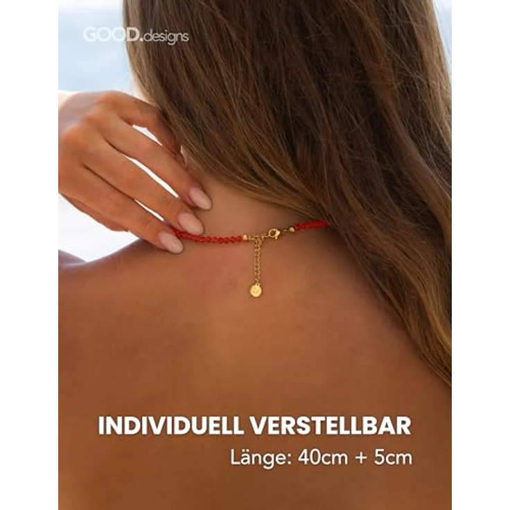 GD GOOD.designs Perlenkette Damen aus echten facettierten Natursteinen 4mm, verstellbare Karneol Kette mit 18K Vergoldung (40–45 cm), wasserfeste Boho Halskette in rot – Bild 4