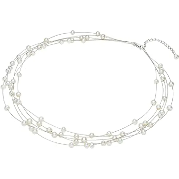 Valero Pearls Damen Perlenkette, mehrreihig mit ovalen weißen Süßwasser-Zuchtperlen, 925 Sterling Silber, 50 cm, Karabinerverschluss – Bild 3