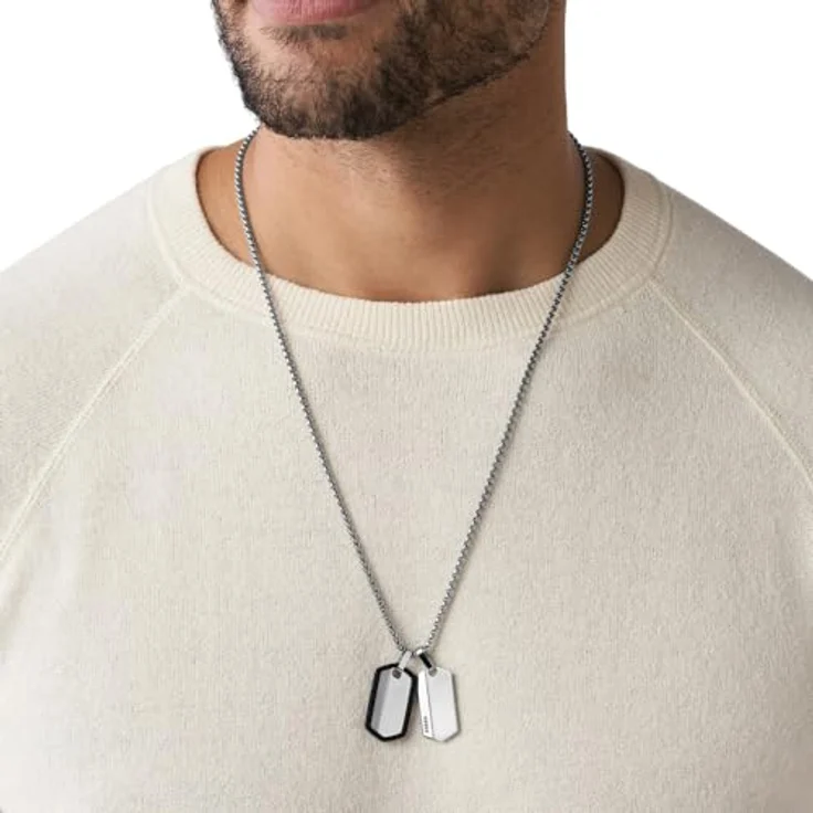 FOSSIL Herrenhalskette aus Edelstahl mit Karabinerverschluss, Dog Tag, Silber und Schwarz – Bild 2