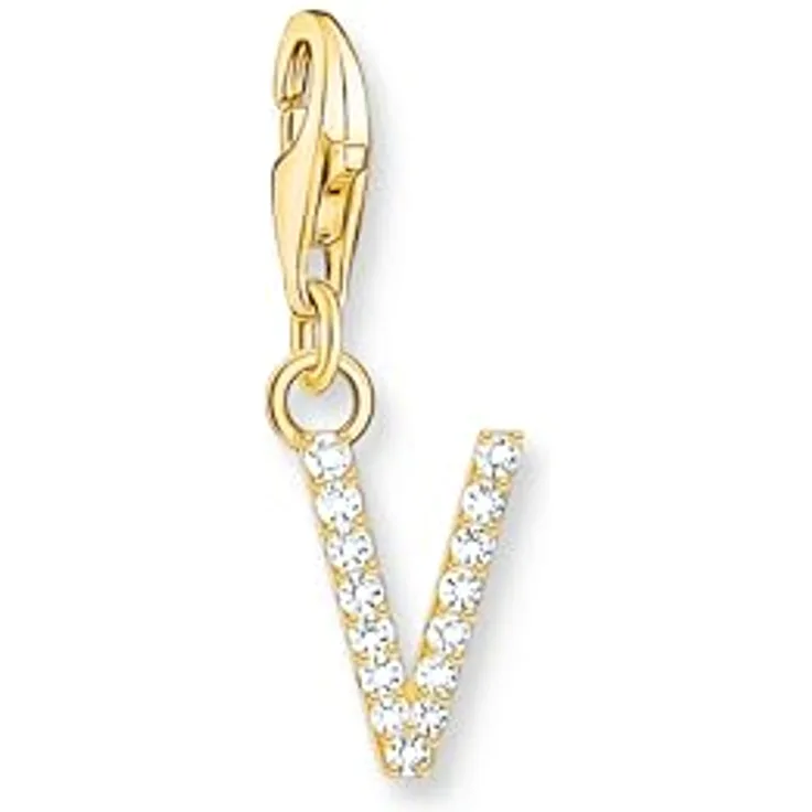 THOMAS SABO Charm-Anhänger Buchstabe V, vergoldet 750 Gelbgold mit weißen Steinen, 925 Sterlingsilber