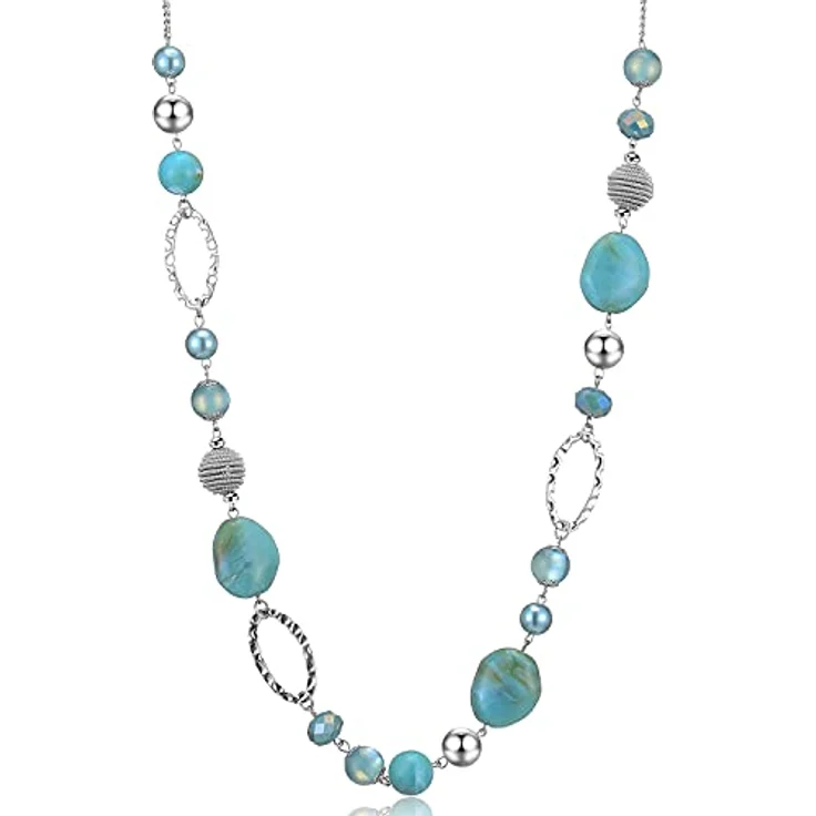 Bulinlin Silber Perplen Lange Kette für Damen, Boho Statement Chain Halskette mit Harz- und Metallperlen, Türkis, 35+3 inches – Bild 1