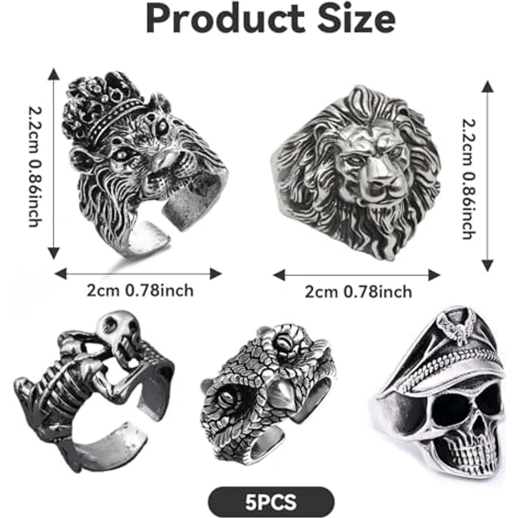 yolzhxe 5 Stück Totenkopf-Herrenringe, Verstellbares Edelstahl Gothic Ring Set mit Retro Punk Rock Designs für Halloween und Mottopartys – Bild 2