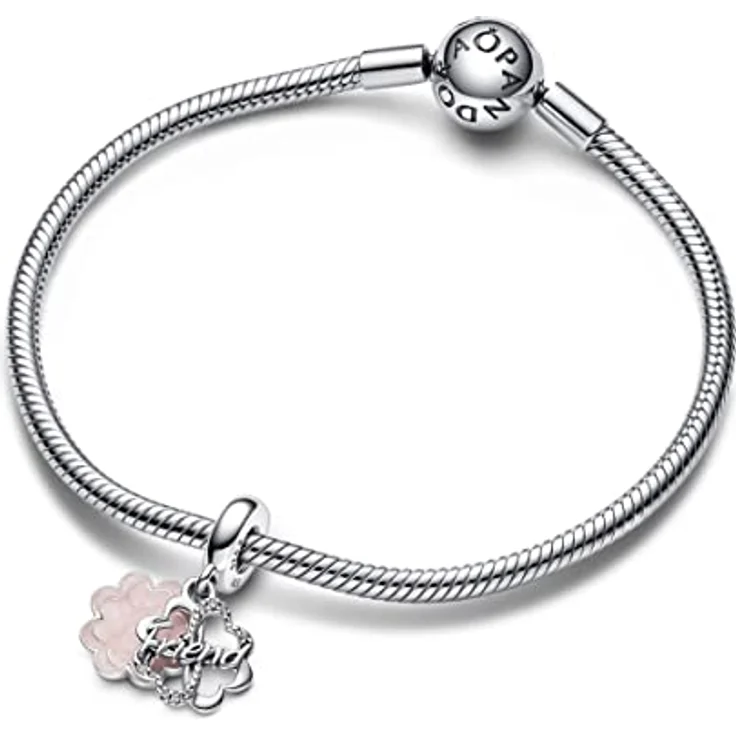 PANDORA Vierblättriges Kleeblatt Freundschaft Doppelter Charm-Anhänger aus Sterling Silber und Puderrosa Emaille - Kompatibel mit PANDORA Moments Armbändern – Bild 4