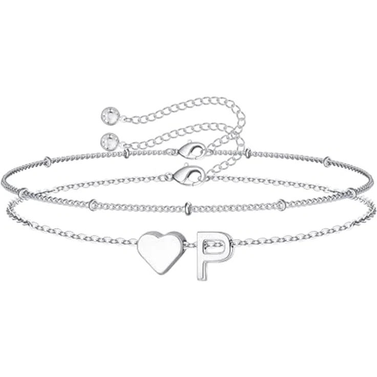 TINGN Herz Armband Damen Silber, 14K Weißgold Vergoldet, Layered Design mit Buchstaben P Charm, Verstellbare Armkette für Mädchen und Teenager, Geschenkidee für 7-12 Jahre – Bild 1