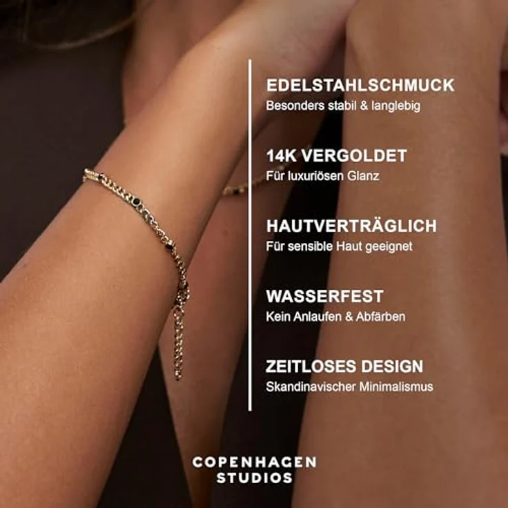 Copenhagen STUDIOS Glittery Armband, Damenarmband aus 14K vergoldetem Edelstahl mit schwarzen Strasssteinen, verstellbare Länge, wasserfest, gold – Bild 3