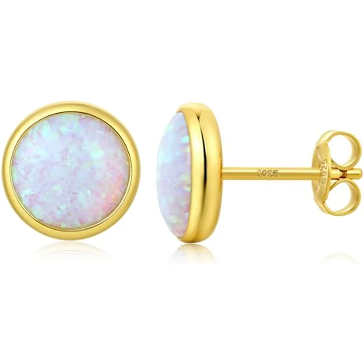 Jiahanzb Opal Ohrringe 925 Sterling Silber Runde Ohrstecker, weiße hypoallergene Ohrringe Stecker Schmuck für Damen, 8 mm, vergoldet – Bild 1