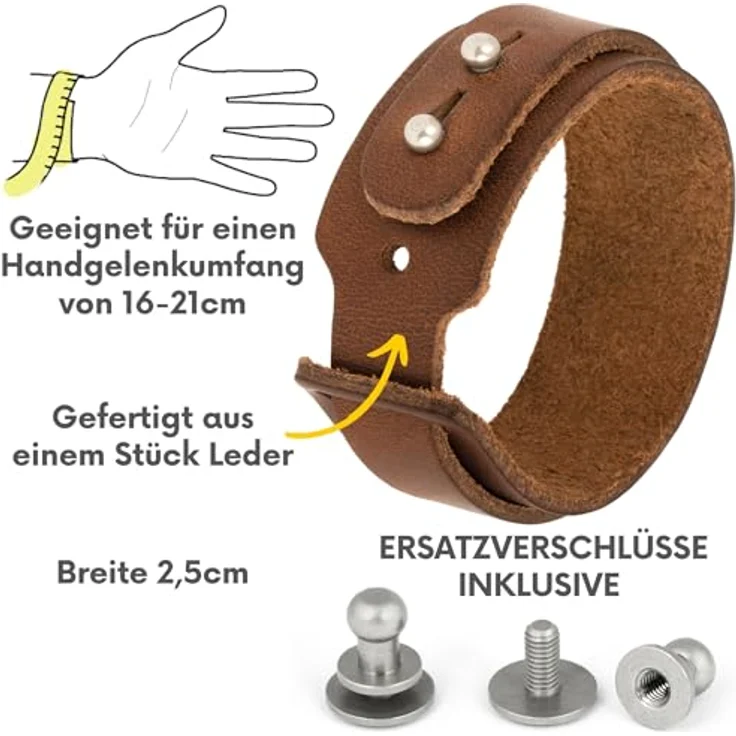 Simaru Lederarmband, 25mm breit, pflanzlich gegerbtes Echtleder, robuste Schraubniete, allergikerfreundlich für Damen und Herren – Bild 2