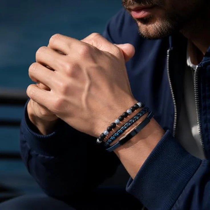 KC Premium Männer Lederarmband mit Agate Onyx Perlen, handgemacht, größenverstellbar, Magnetverschluss, inspirierende Gravur "Follow Your Passion", schwarz-blau, in Geschenk Schmuckbox – Bild 2