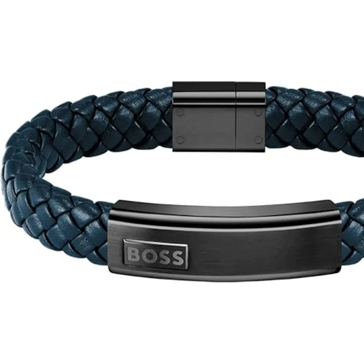 BOSS Jewelry Armband für Herren Kollektion LANDER, dunkelblaues Lederarmband mit Edelstahlverschluss und graviertem Schriftzug, Innenumfang 19 cm, magnetischer Verschluss – Bild 2