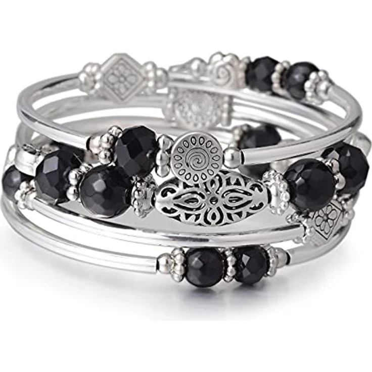 FULU AUTUMN Damen Boho Wickelarmband, mehrschichtiges Perlen Armband mit silbernen Akzenten, Geschenkidee für Frauen, Farbe Schwarz – Bild 1