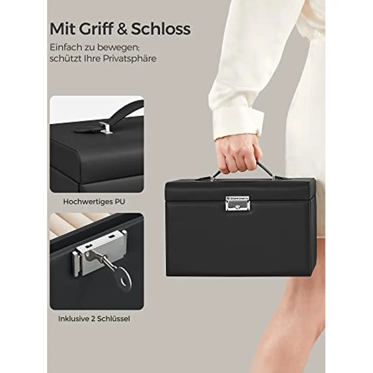 SONGMICS Schmuckkasten JBC121B, abschließbarer Schmuck-Organizer mit 2 Schubladen, herausnehmbare Reise-Box und Spiegel, schwarz mit Samtfutter – Bild 5