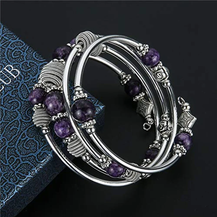 Bulinlin Silber Wickelarmband mit Naturstein Perlen, Boho Mehrschichtiges Damen Armband, Geburtstags Modegeschenk für Frauen, lila – Bild 2