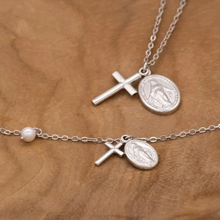 Engelsrufer Damen Armband aus Sterling Silber mit Kreuz und Maria Symbol, Muschelperlen Anhänger, verstellbar 17-19 cm, nickelfrei, Karabinerverschluss – Bild 3