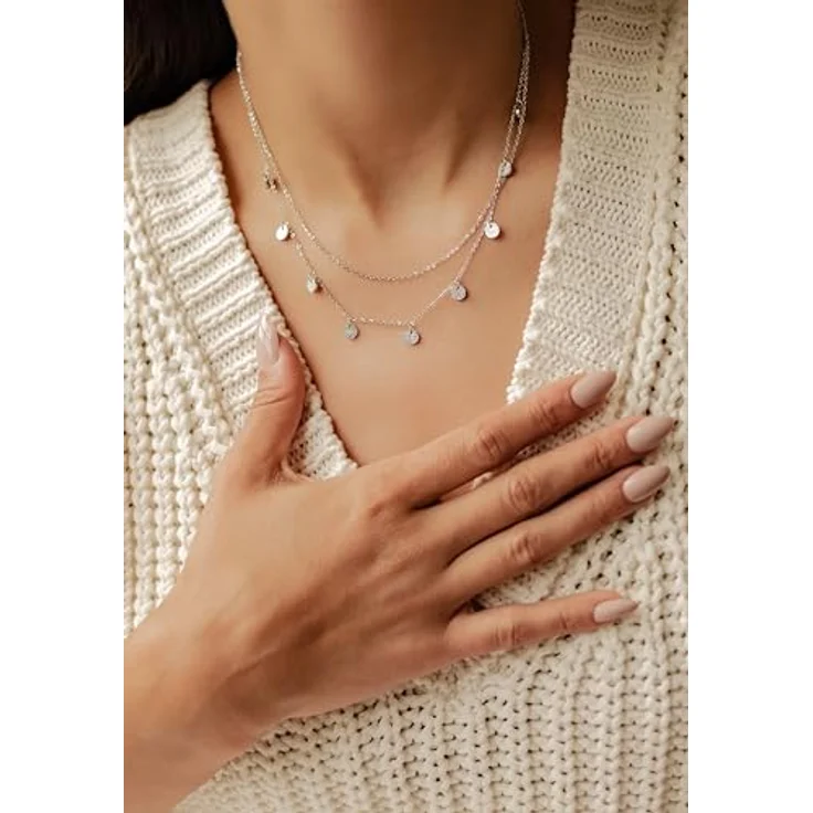 Happiness Boutique Damen Kreis Kette, Mehrreihige Edelstahl-Halskette mit Plättchen Anhängern in Silberfarbe, 41-42 cm Länge, 100% anlaufgeschützt und wasserdicht – Bild 2