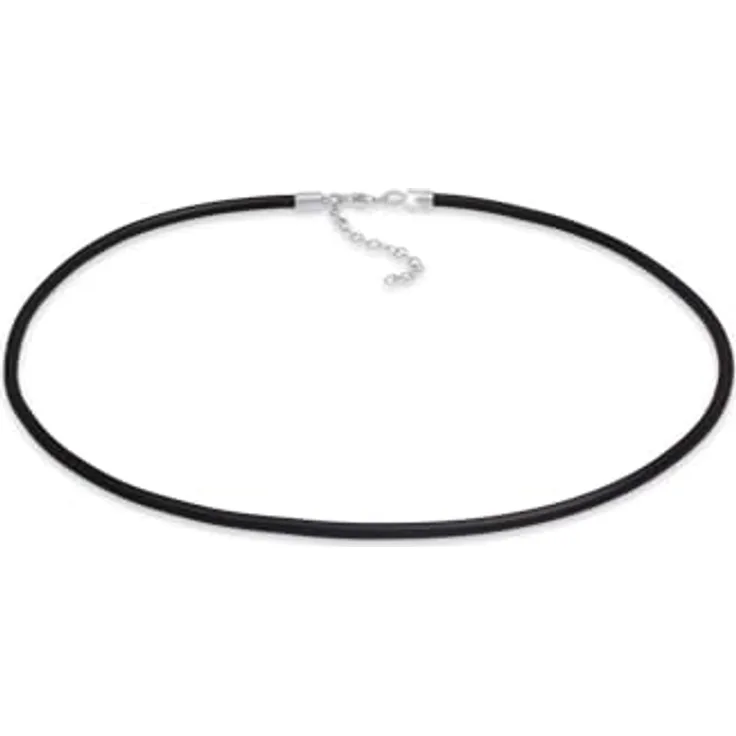 Nenalina Damen Kautschuk Halskette, schwarzes Kautschukband 42 cm + 5 cm Verlängerung mit Karabiner aus 925 Sterling Silber