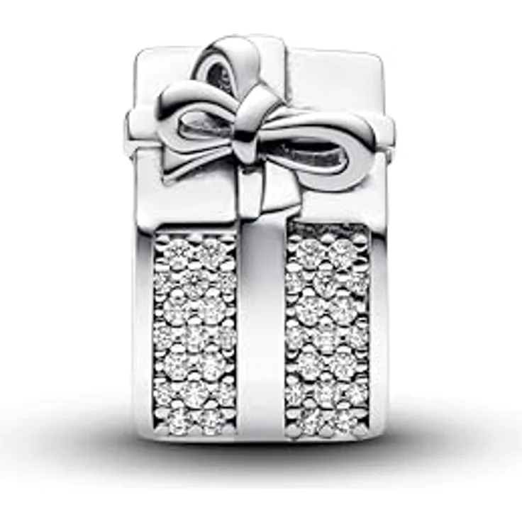 PANDORA Moments Funkelndes Geschenkbox Charm, Sterling Silber mit Zirkonia und rotem Herzstein, kompatibel mit Moments Armbändern, 793603C01