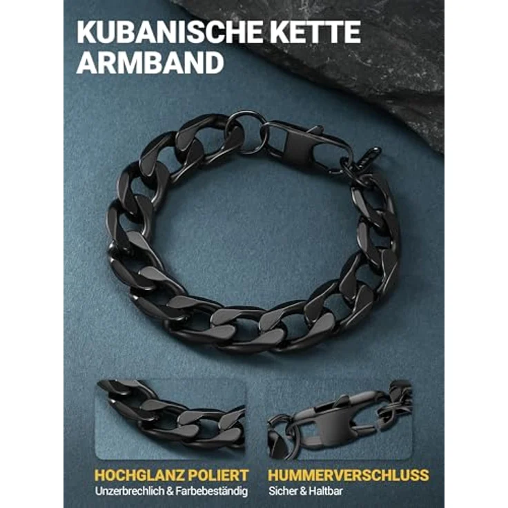 PROSTEEL Panzerarmband Herren, 316L Edelstahl, 21 cm lang, 13 mm breit, schwarz, klassisches Design, wasserdicht und hautfreundlich – Bild 3