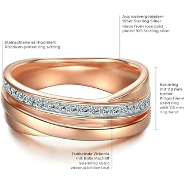 Trilani Damen-Wickelring, Sterling Silber rosévergoldet, Zirkonia weiß im Brillantschliff, 7,5 mm, Trauring, Schmuckbox – Bild 2