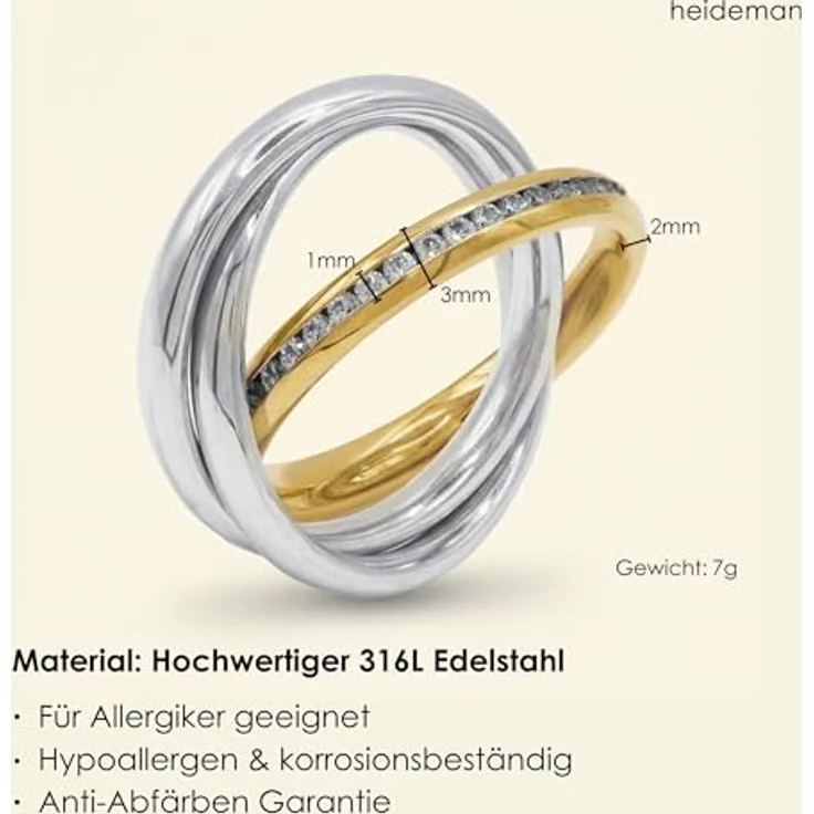Heideman Trini Damenring, Gold farbend matt, Edelstahl Rollring mit Zirkonia, 3er Set – Bild 5